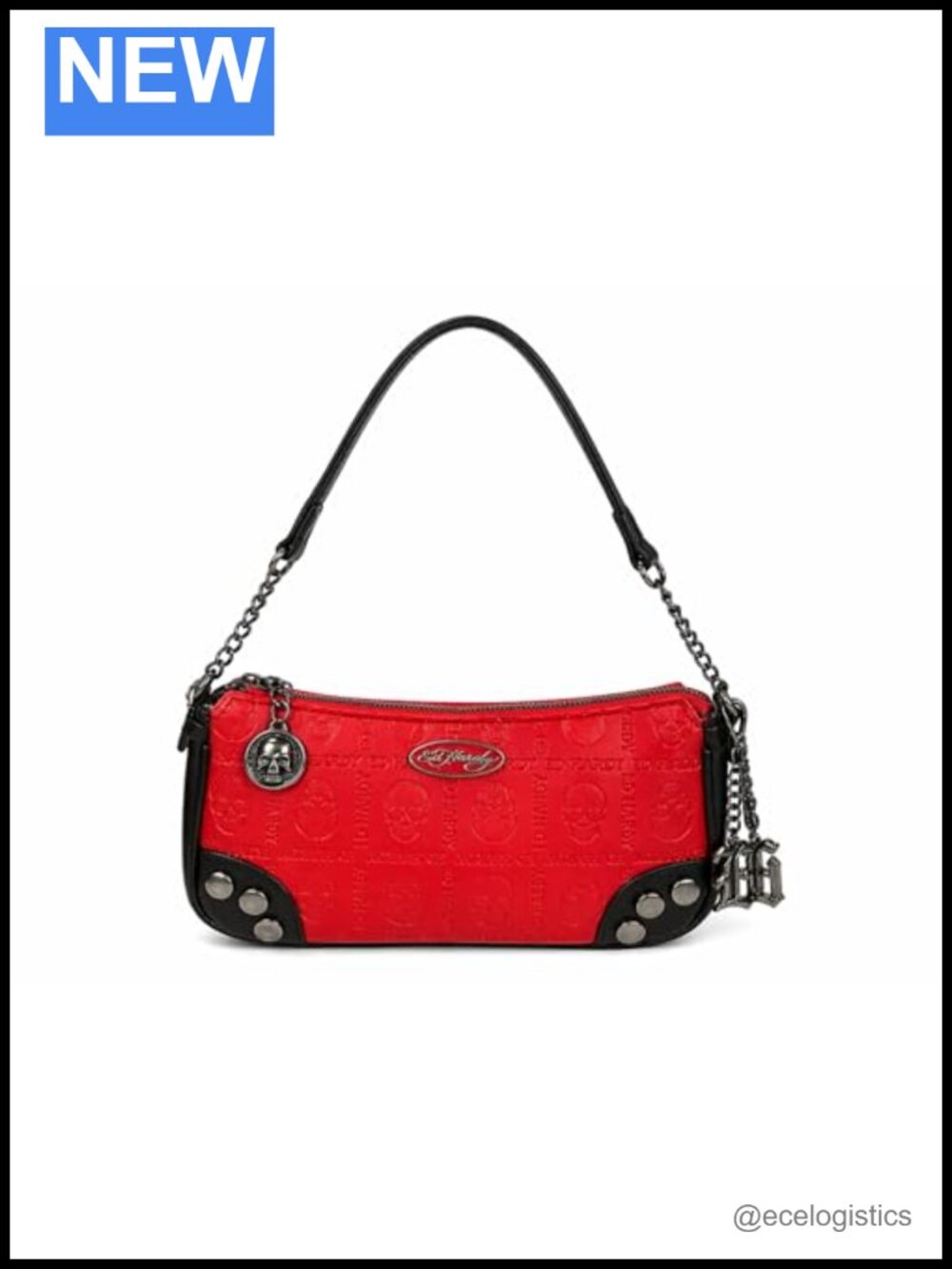 Ed Hardy Skull Embossed Shoulder Bag Leather-Look Mini Purse Chain Strap Charm